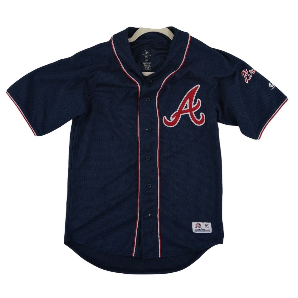 True Fan Atlanta Braves Jersey Men's Size Small Blue MLB Mesh Short Sleeve Retro